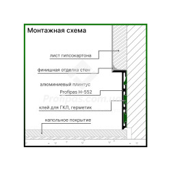 Вбудований плінтус алюмінієвий прихованого монтажу 55 мм., без покриття, алюміній